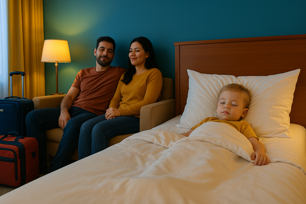 Depicts a toddler sleeping naturally with head resting on the pillow near the headboard in a hotel bed, while parents relax nearby.