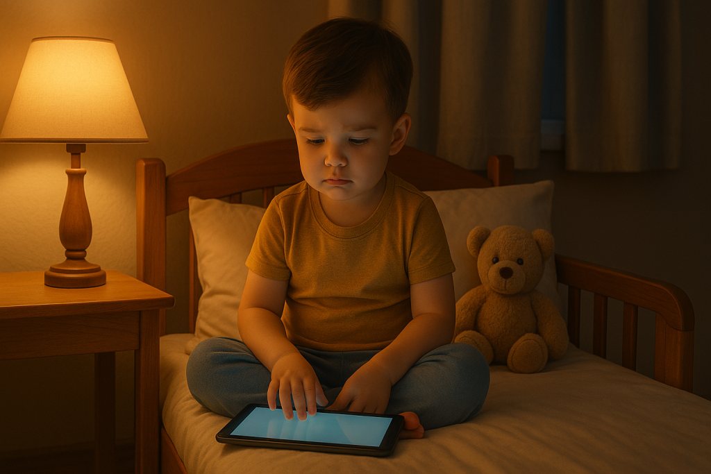 Shows how bedtime stories on a tablet can help children feel calm and thoughtful before sleep.