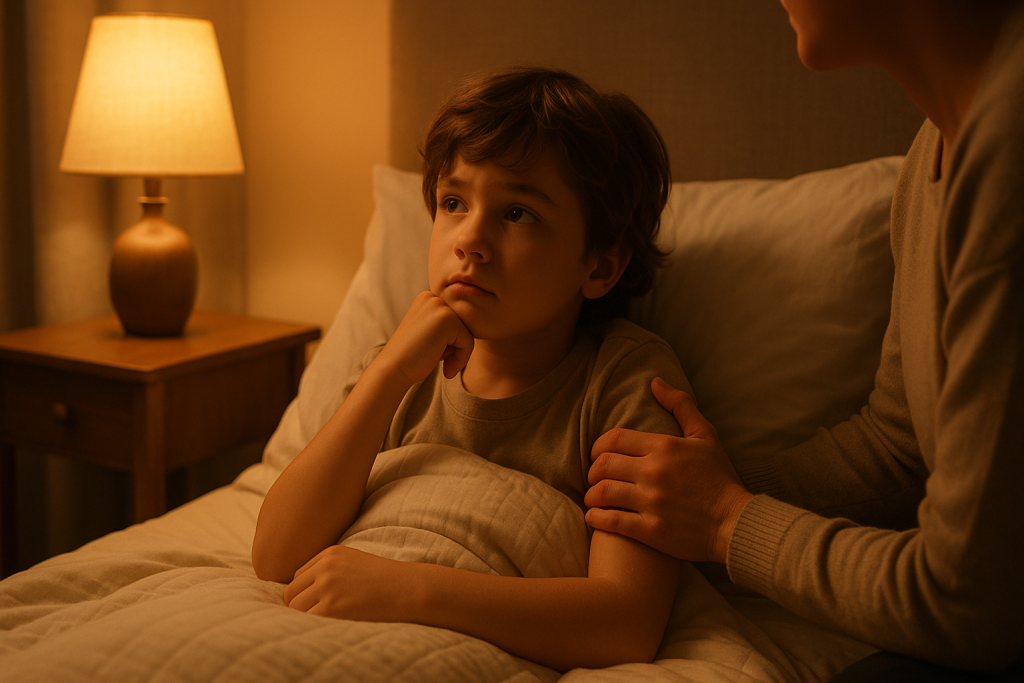 Illustrates the calming comfort a parent provides to help a child feel safe and reflective before sleep.