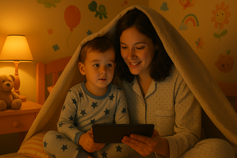 Highlights the warmth of bedtime bonding as a parent and child in pajamas share a story on a tablet