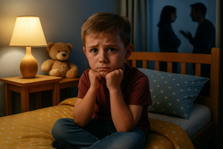 Illustration highlighting kid sleep health by showing a bedtime scene where a child in pajamas hugs a teddy bear under warm lamp light, symbolizing comfort and routine.