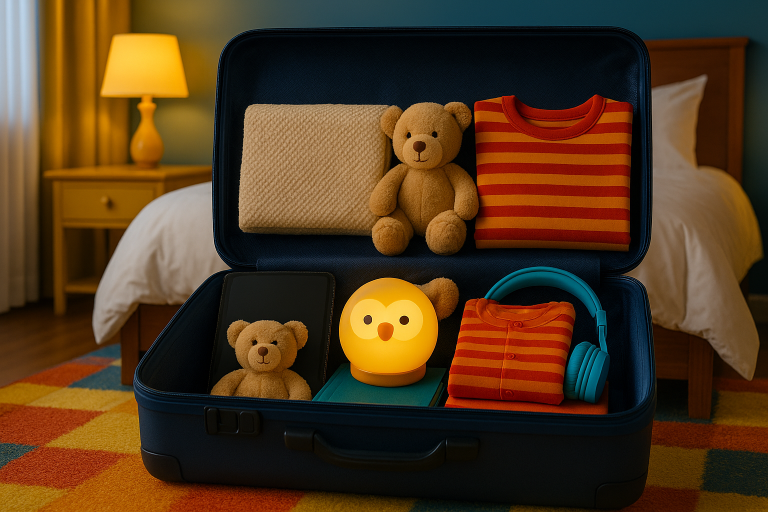 Shows tools that help maintain toddler sleep routines during travel.