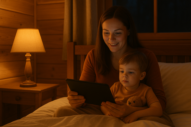 Shows storytelling as a tool for consistent toddler sleep on vacations.