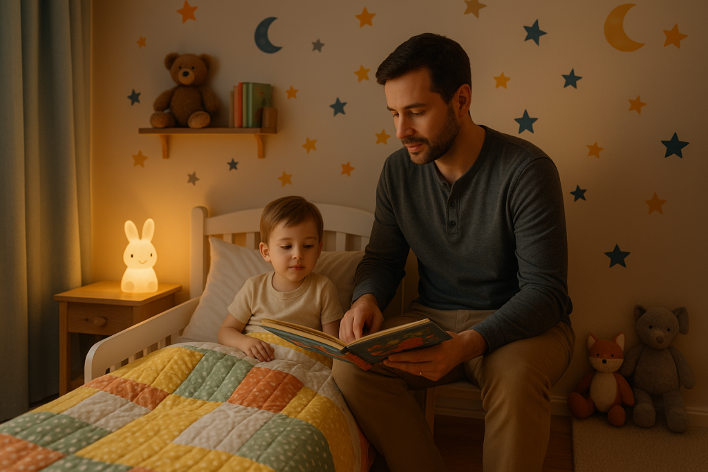 Father reading bedtime story to toddler in a cozy children’s bedroom.