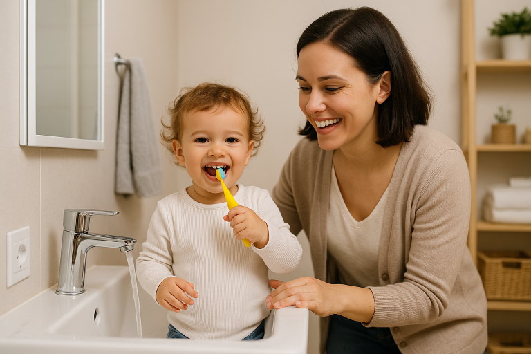 Toddler brushing teeth with parent nearby