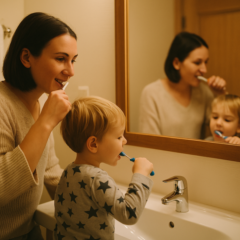 Photo showing a positive step in a bedtime routine where parents guide children through healthy habits.