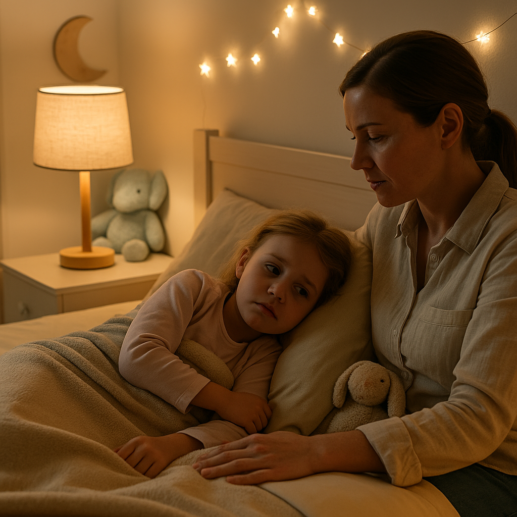 Mother tucking her young daughter into bed after a tantrum, in a cozy bedroom with warm lighting and stuffed toys.