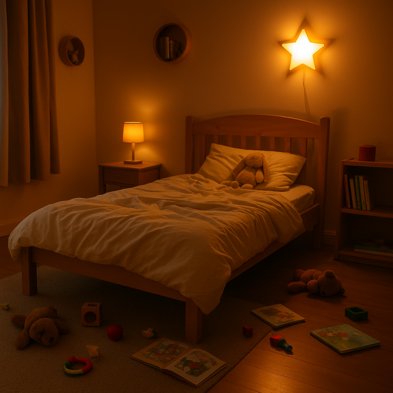 Photo symbolizing challenges in maintaining a bedtime routine, showing how environment can reflect resistance to sleep.