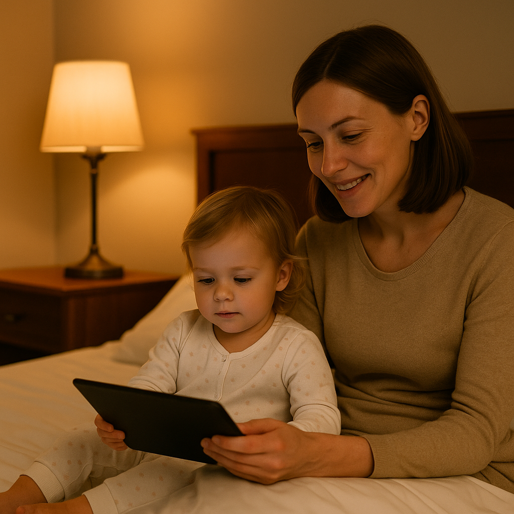 Shows how digital storytelling keeps children connected to familiar routines during trips.