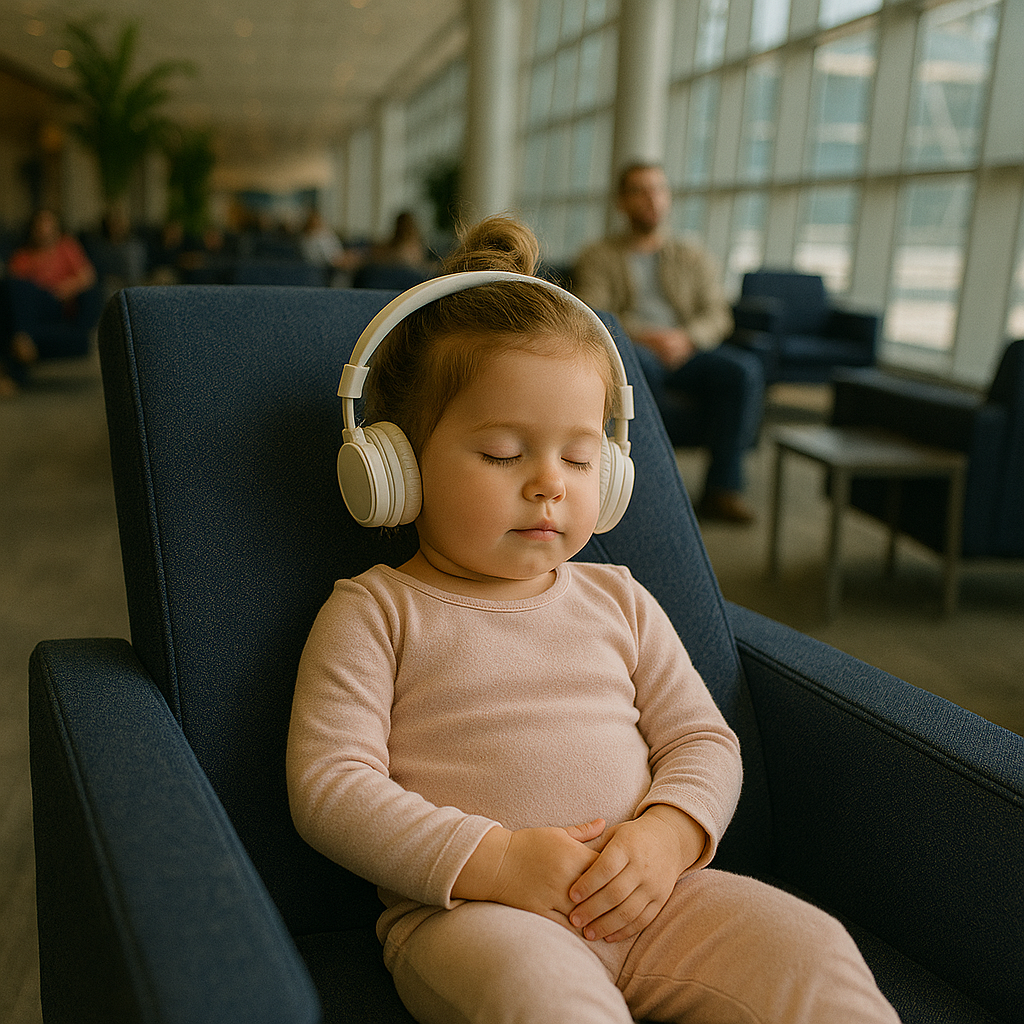 Illustrates how bedtime stories create calm moments during real-life travel situations.