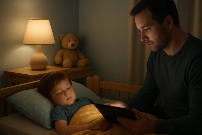 A father reads a calming bedtime story from a tablet to help improve kids health sleep by creating a peaceful and secure bedtime routine.