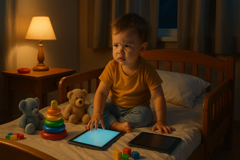 Toddler in a cozy bedroom using a glowing tablet before sleep, highlighting kid sleep health and bedtime routines.