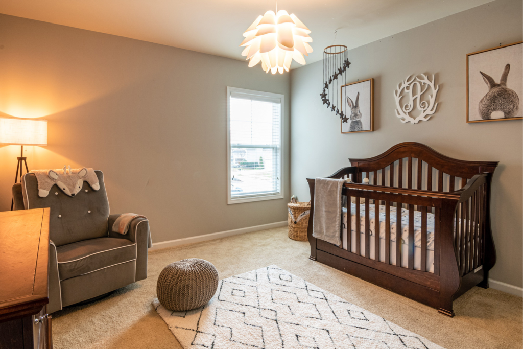 Peaceful bedtime environment with a cozy toddler nursery featuring a crib, soft chair, and warm lighting