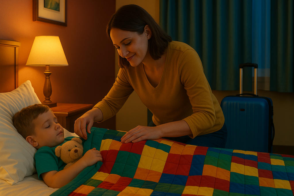 Shows the comfort of a bedtime routine while traveling, with a parent tucking a toddler into bed in a hotel room.