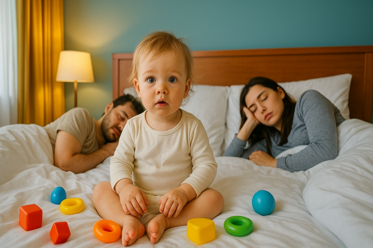 Shows the challenge of bedtime while traveling, with a toddler wide awake in bed surrounded by toys as parents rest tiredly in the background.