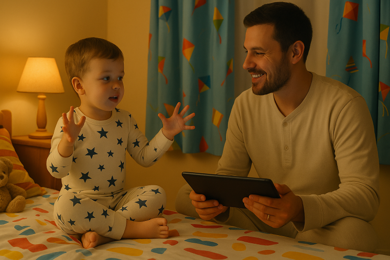 Depicts a toddler retelling a bedtime story with hand gestures while the parent listens proudly, holding a tablet.
