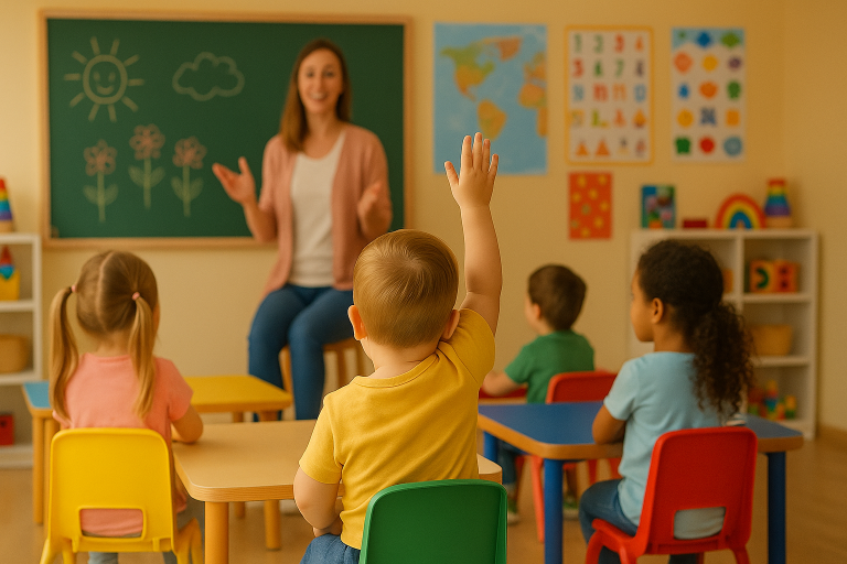 Shows a confident child raising their hand in a colorful classroom, illustrating how bedtime stories can inspire participation and learning.