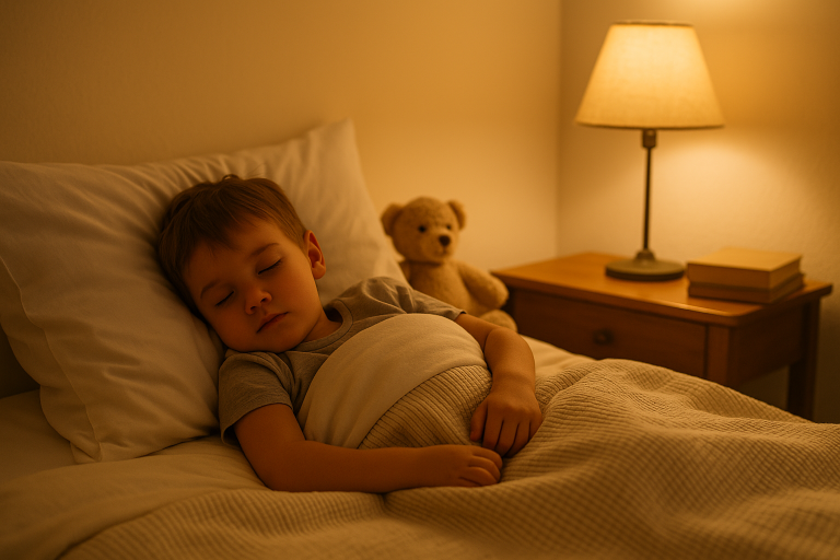 Peaceful toddler sleeping under a blanket in a cozy bedroom.