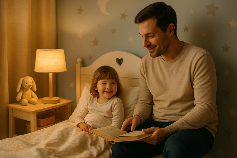 Father reading a bedtime story to toddler in a cozy children’s bedroom.