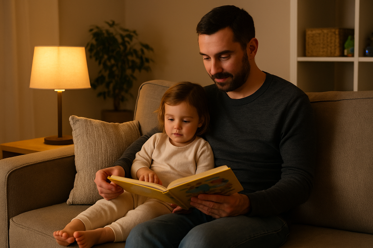 Parent and toddler reading together on the couch as part of their bedtime routine.