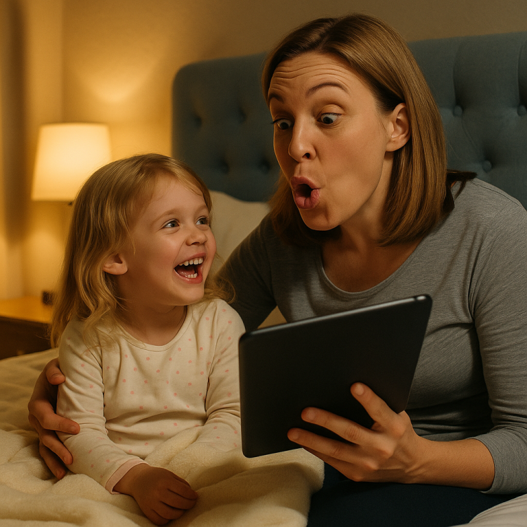 Parent using funny voices while reading to child.