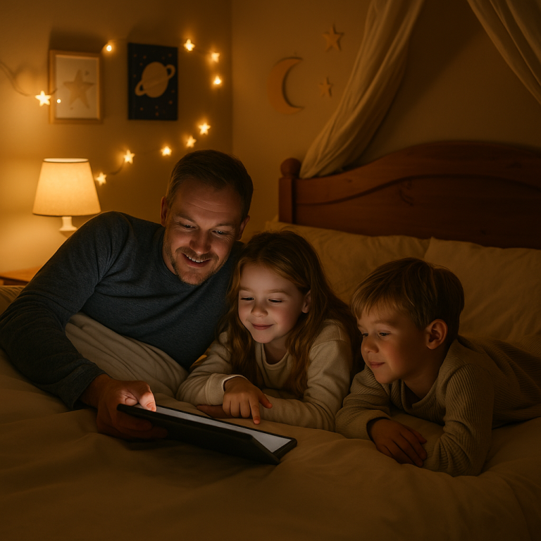 Parent reading aloud to siblings on a bed.