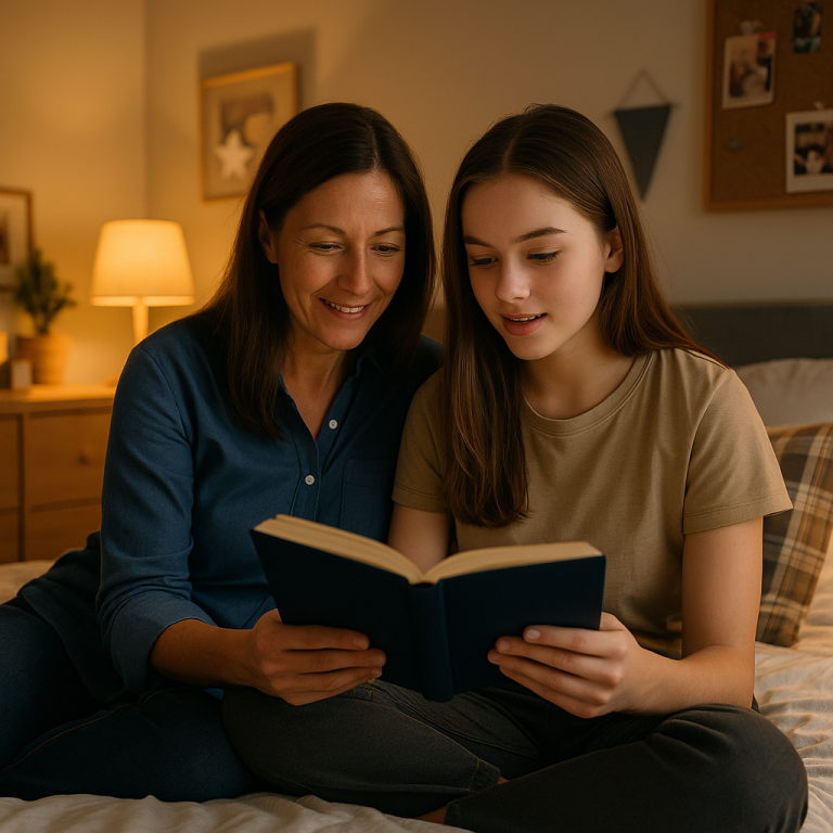 Teen sitting beside parent reading a novel.