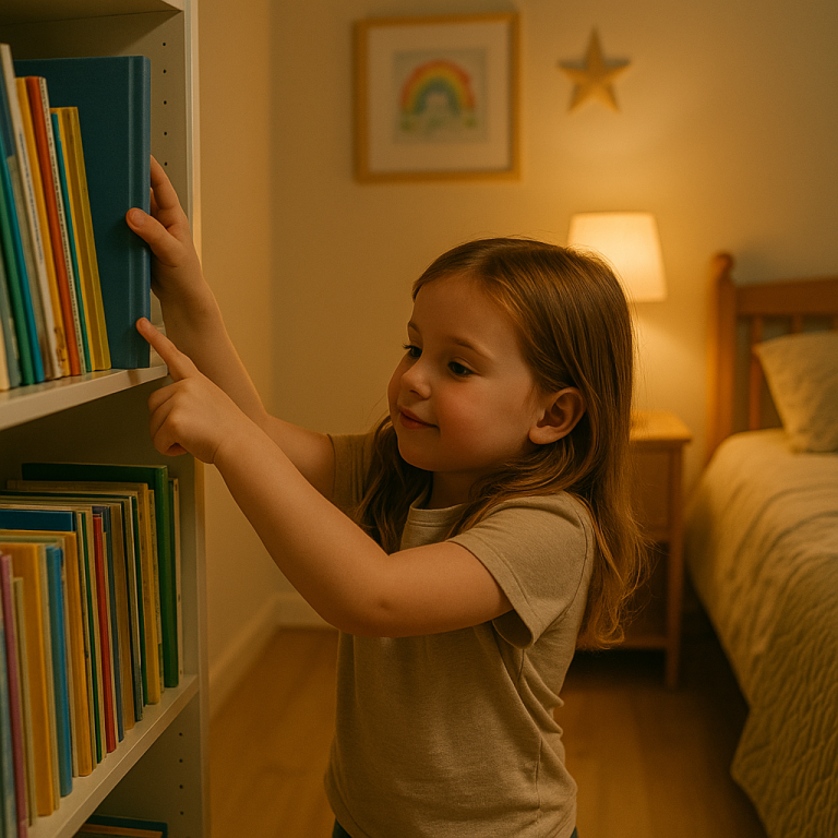 Child selecting a bedtime story from a bookshelf.