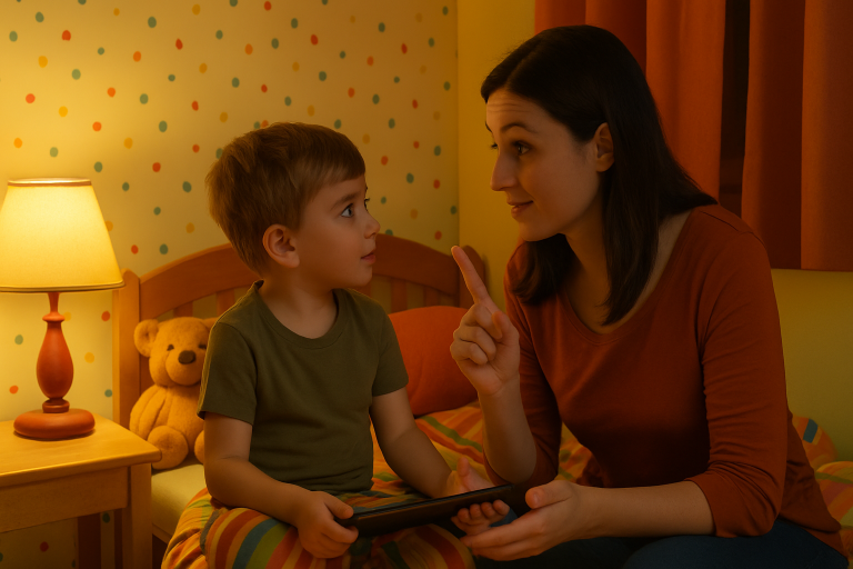 Shows a parent engaging a child with a bedtime story question to encourage thoughtful responses.