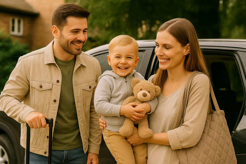 image showing parents and their toddler preparing happily for a family road trip with comfort items and essentials.