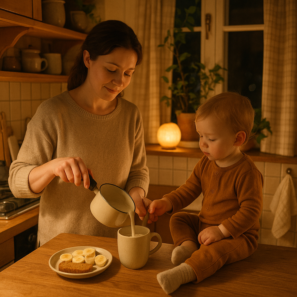 A calm nighttime snack setup showing healthy, sleep-friendly foods that help toddlers rest better, symbolizing balance and warmth before bedtime.