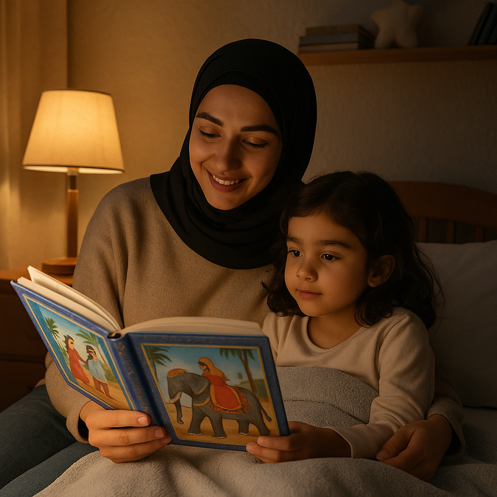 Parent and child reading a multicultural bedtime storybook together.