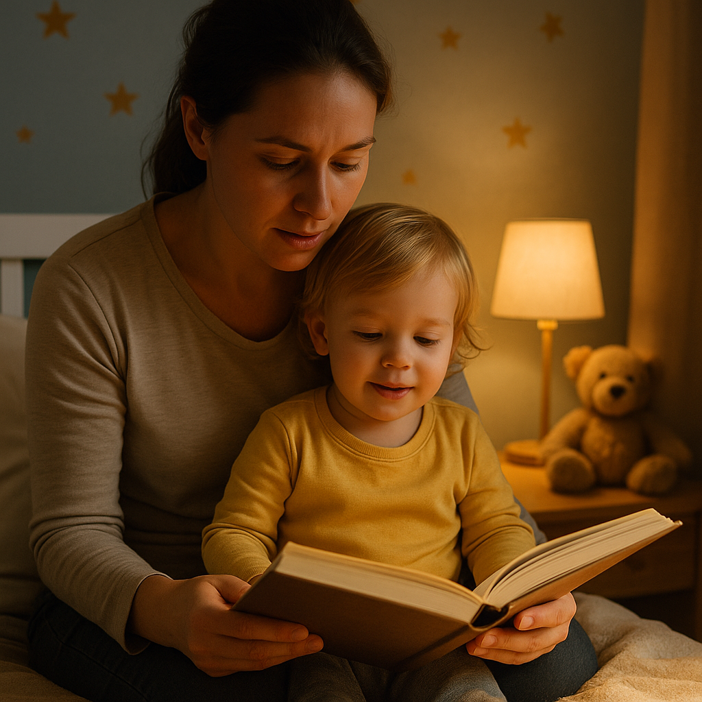Parent reading the same bedtime story to a toddler with a book open on their lap, warm cozy lighting in a softly lit bedroom.