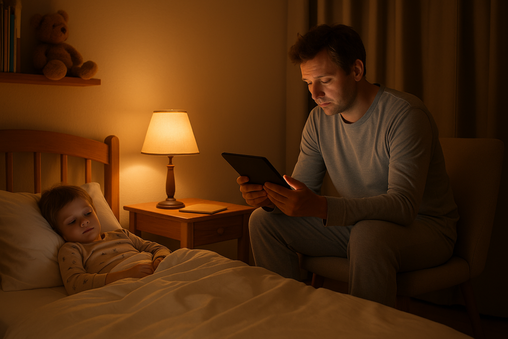 Tired parent reading a short bedtime story to child before sleep.