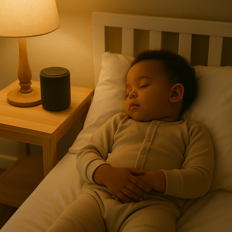 Toddler listening to bedtime story through headphones.