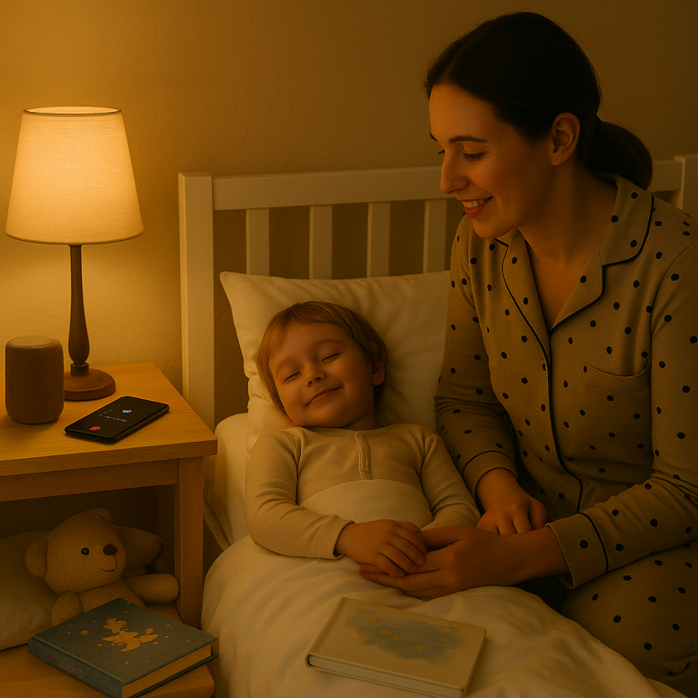 Cozy nighttime scene of a parent and child sharing bedtime moments with a lamp, storybook, and speaker — symbolizing quick, meaningful rituals that create comfort and connection before sleep.