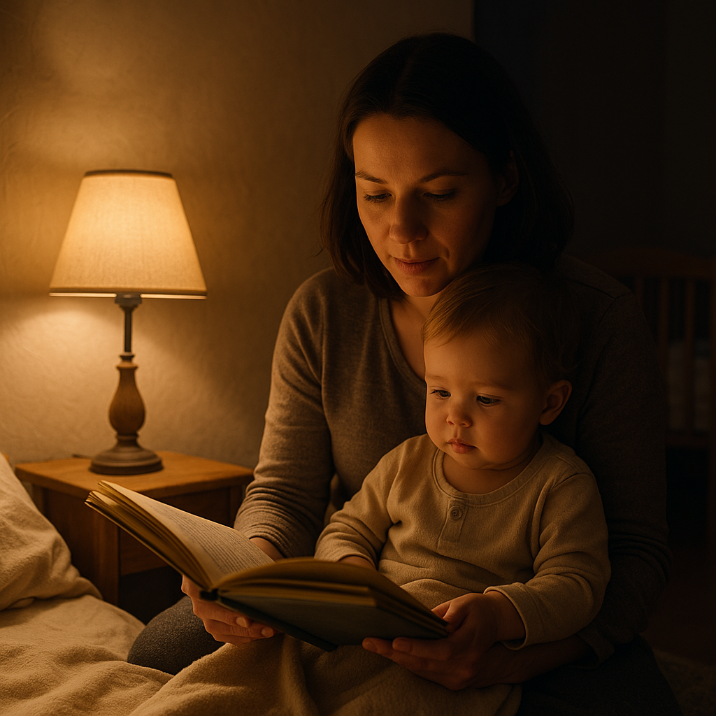 Parent reading a bedtime story to a toddler under warm lamplight.