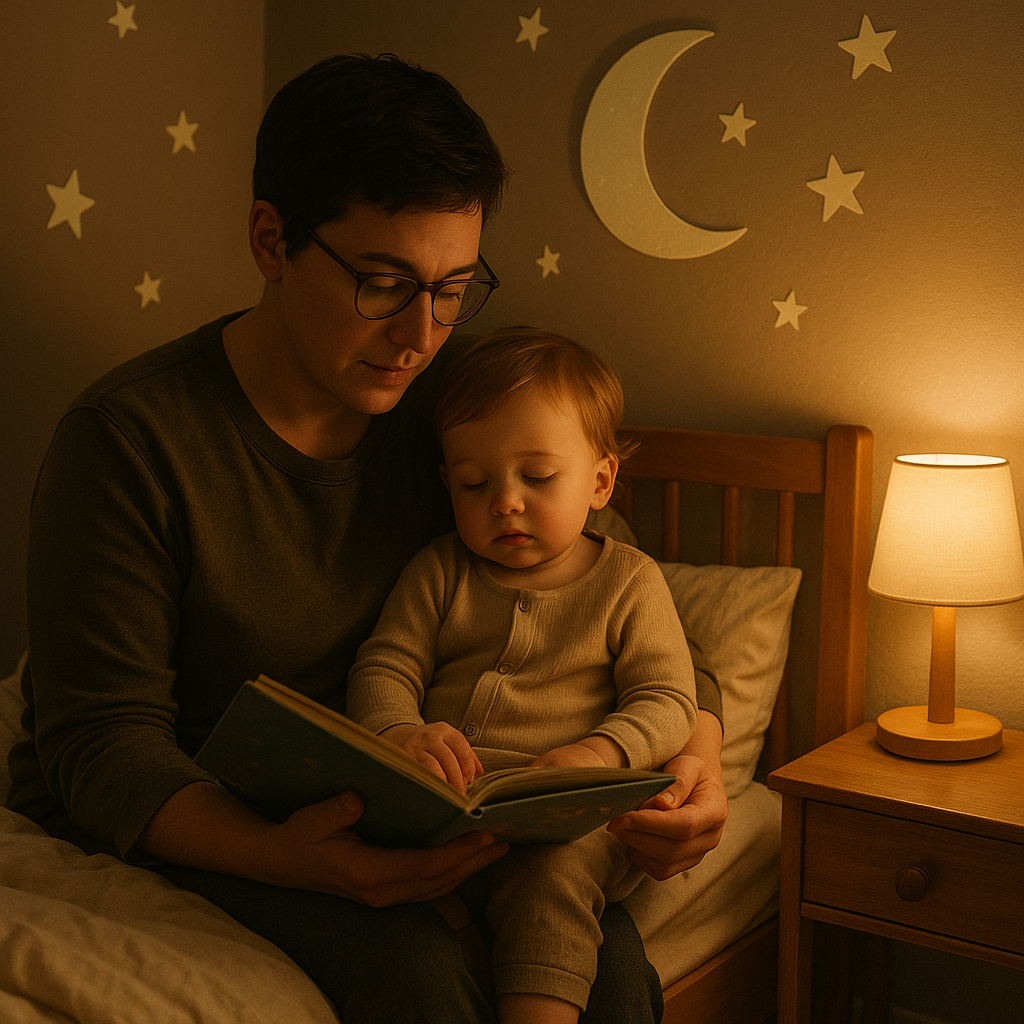 Parent reading a bedtime story to her toddler in a softly lit bedroom.