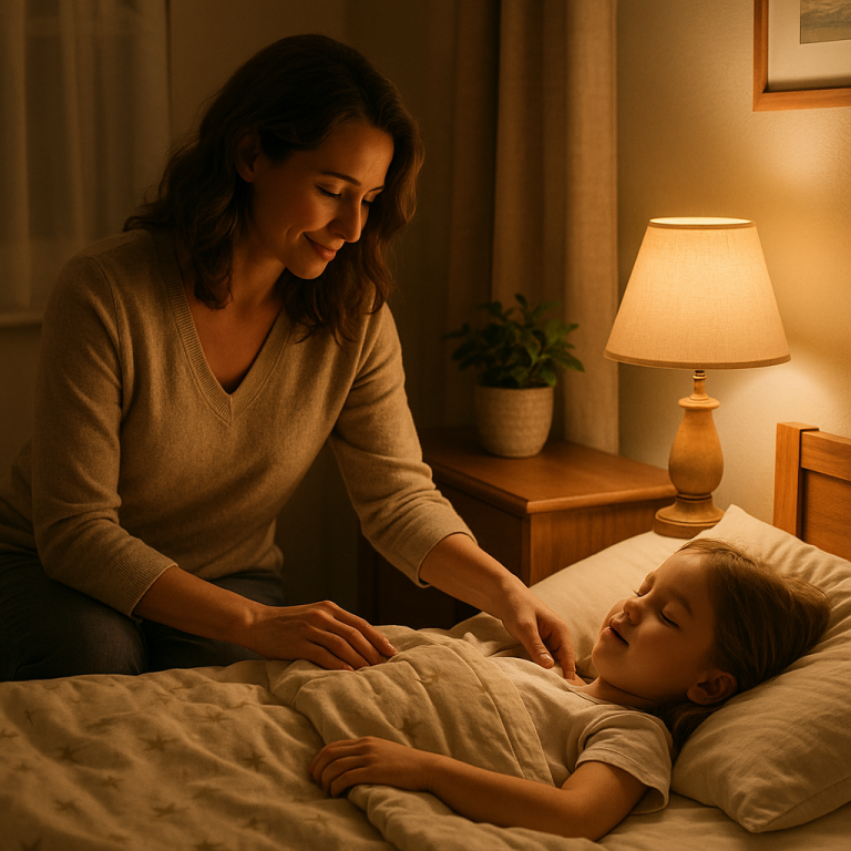 A toddler putting down a tablet beside the bed as a parent turns off the lamp.
