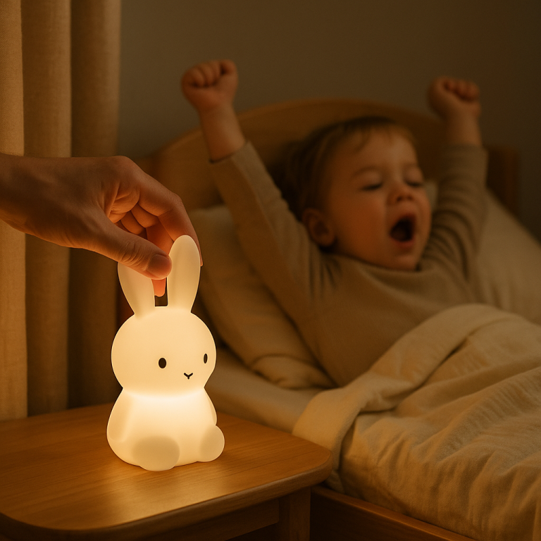 Parent dimming the lights while the toddler stretches sleepily in bed.
