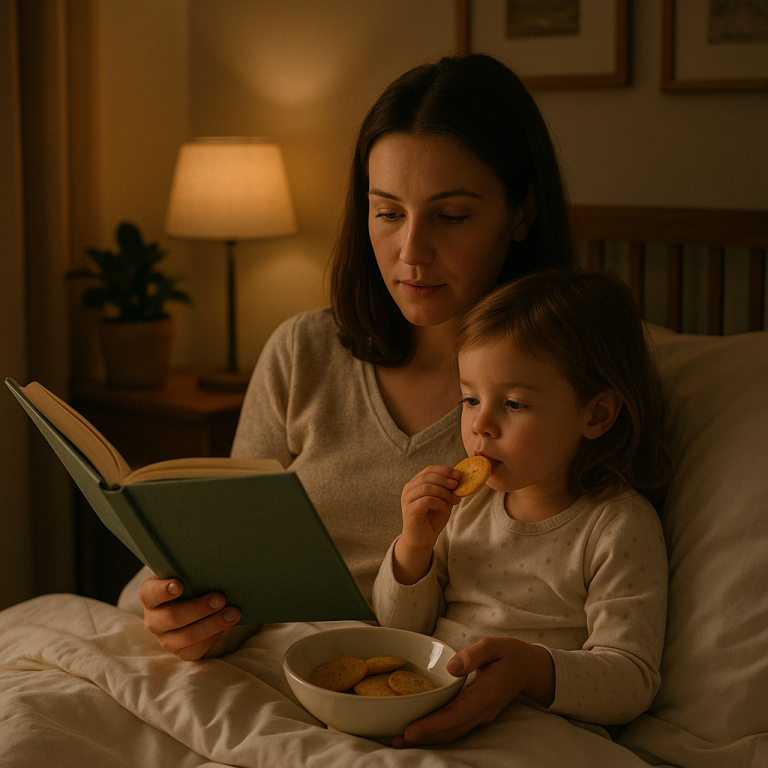A parent reading a bedtime story to a toddler sitting with an empty snack bowl under soft, warm light.