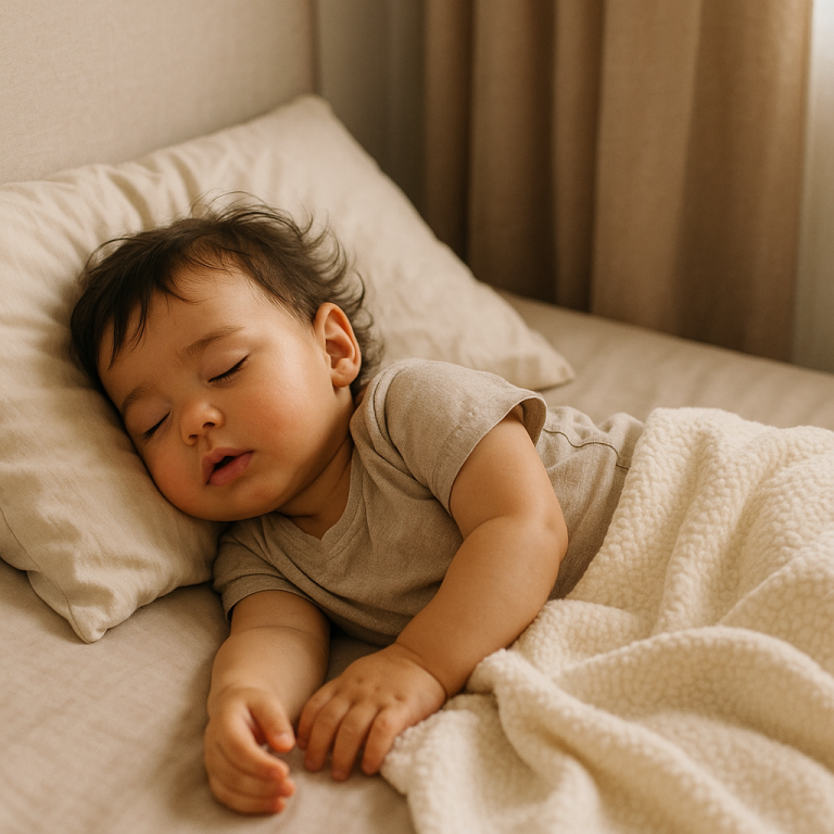 Mother resting on couch beside sleeping toddler with soft night light in background.
