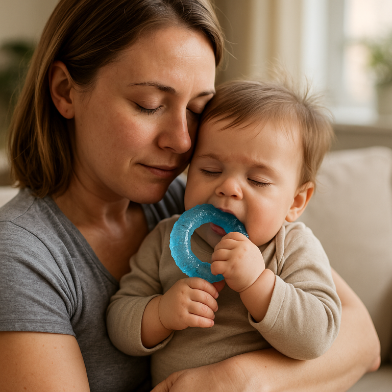 Parent gently rocking a toddler to sleep in a dim nursery. The child rests peacefully against the parent’s chest while holding a plush bunny. Soft golden night-light glows behind them, creating a warm, safe, calming bedtime scene.