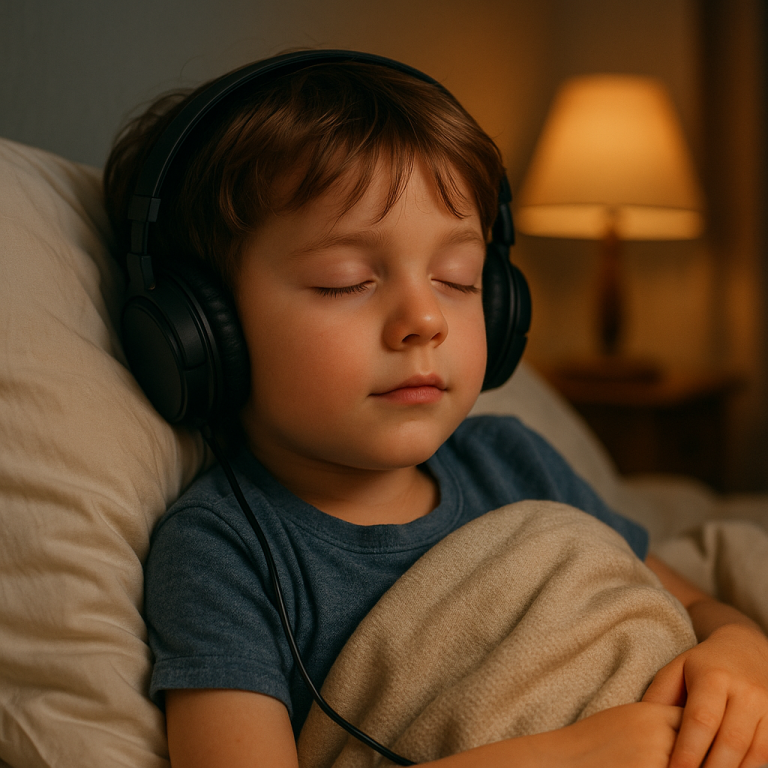 Toddler listening to a bedtime story through a tablet with soft moonlight in the room.