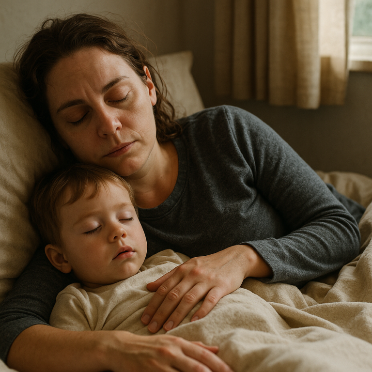 Mother resting on couch beside sleeping toddler with soft night light in background.