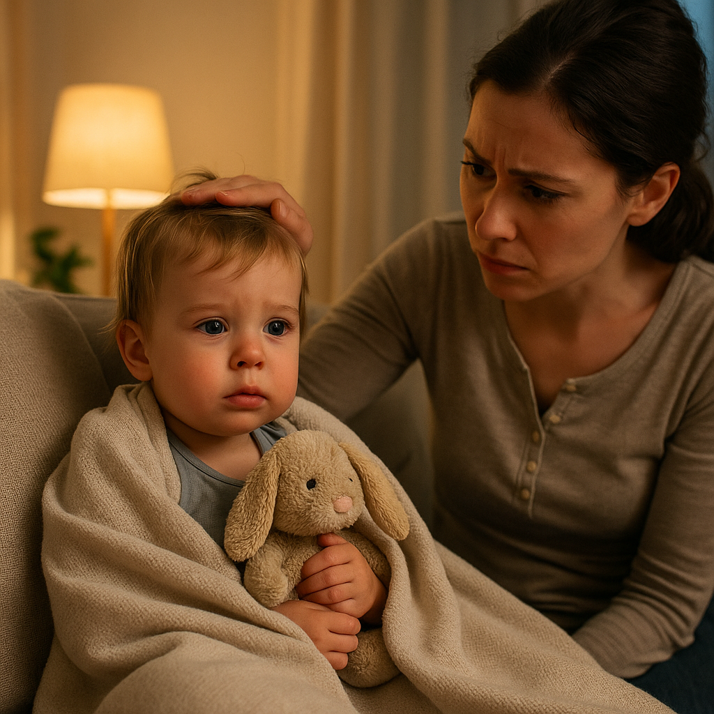 smiling toddler wrapped in cozy blanket looking up, with a gentle adult hand resting on their shoulder.