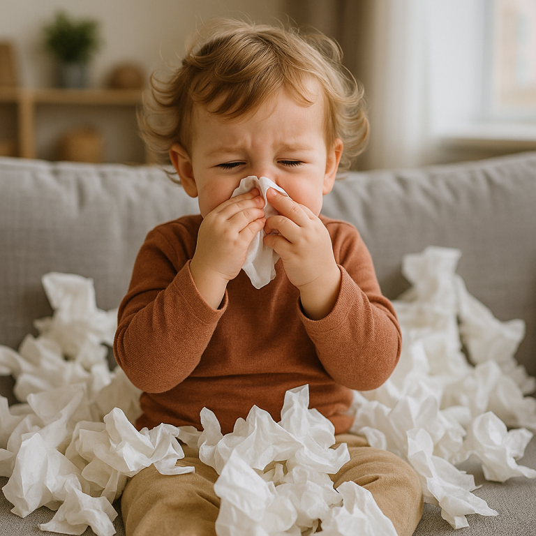 Toddler holding a tissue with a red nose while sitting on the couch