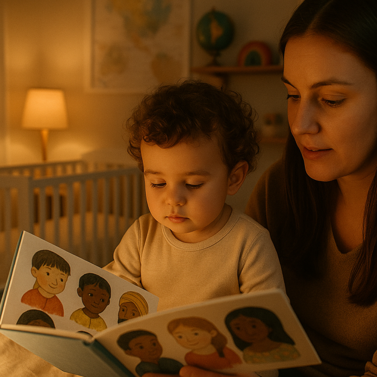 Child listening with curiosity to a bedtime story about different cultures