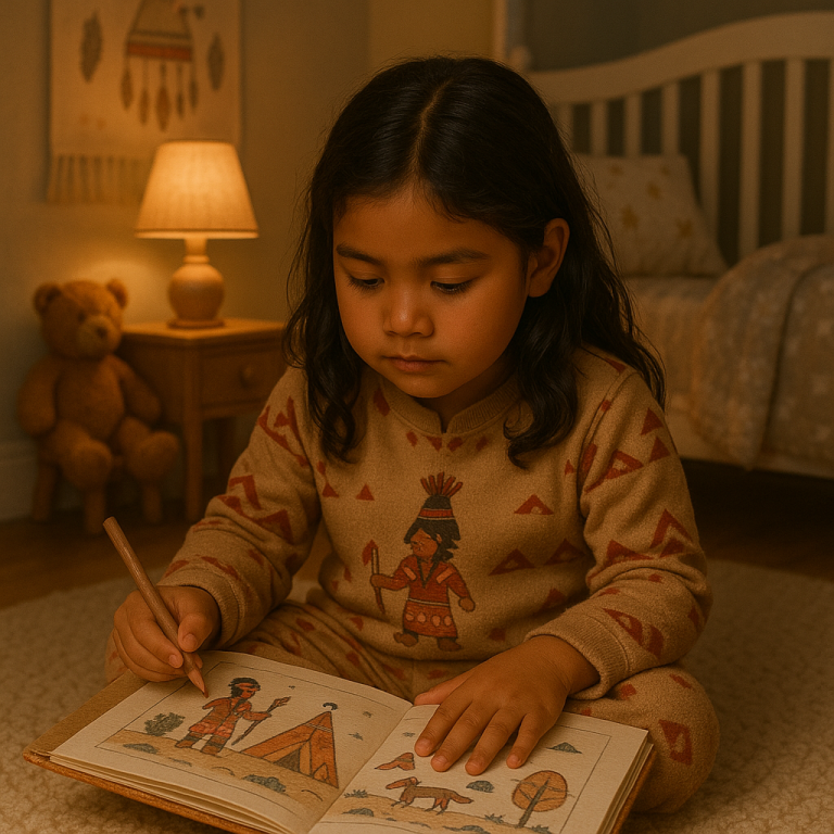 Child drawing their own culture-inspired story before bed