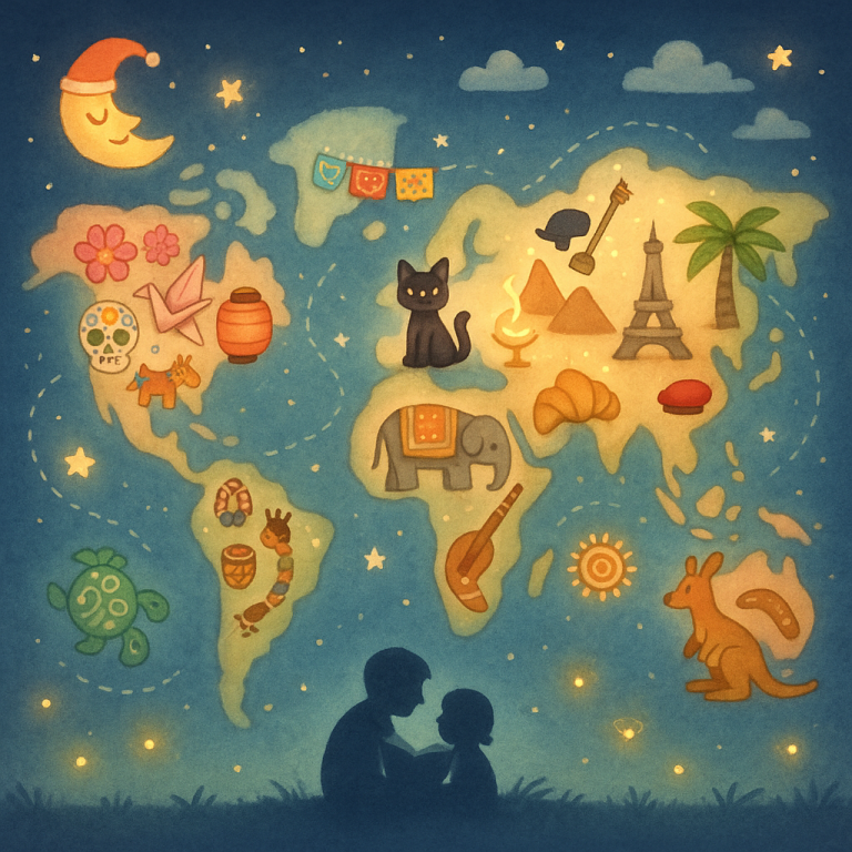 Illustrated globe-themed bedtime routine chart for kids